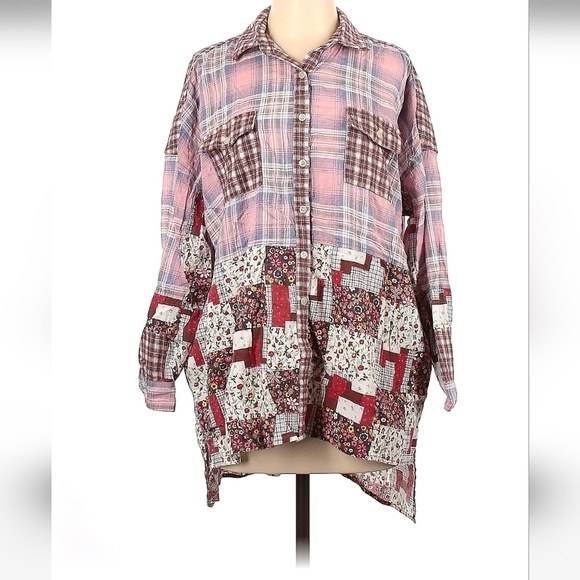 Easel Blush Mix N Match Print Button Down Oversized Loose Fit Plaid Shirt - Picture 2 of 7